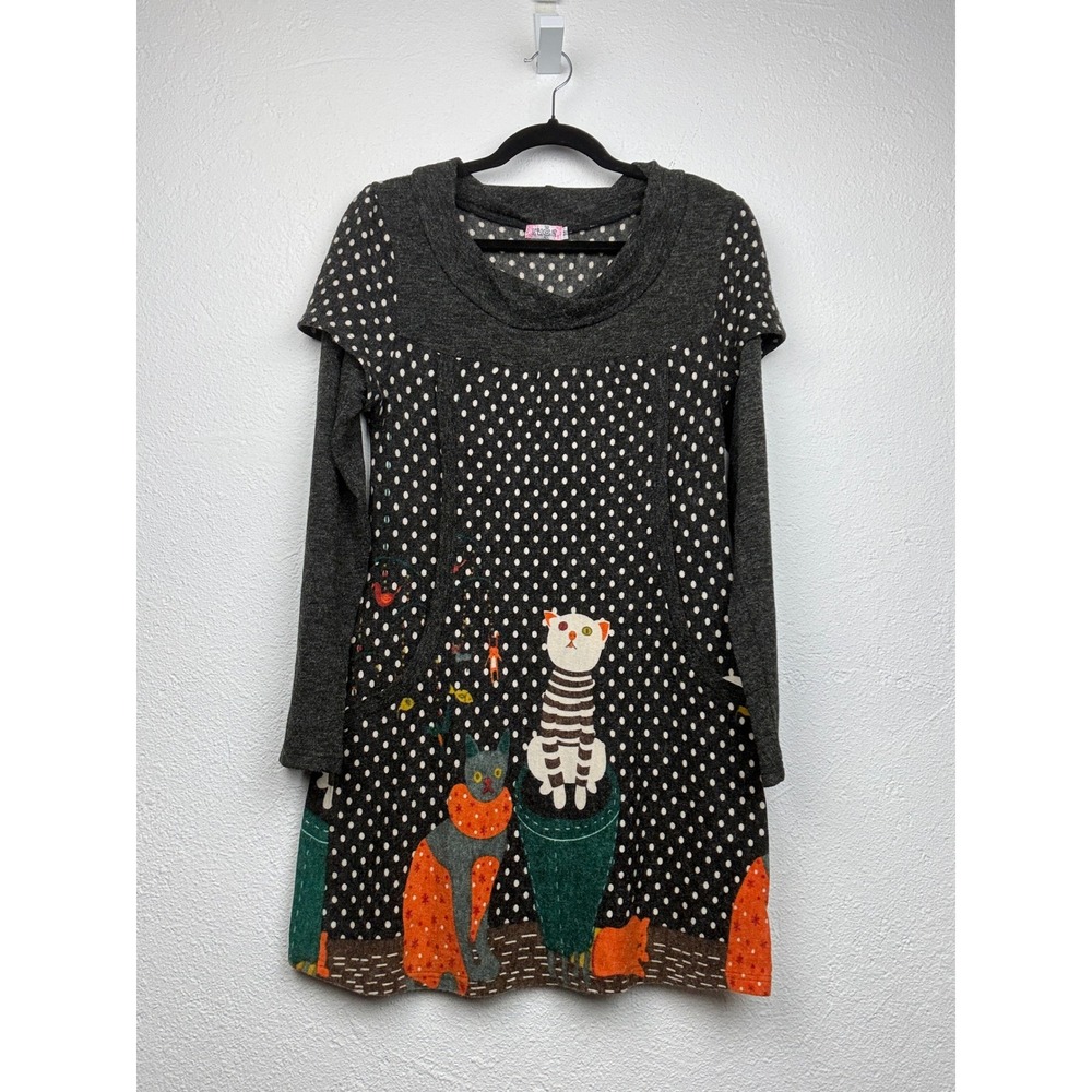Kuchi Gray Polka Dot Cat Graphic Cowl Neck Dress - M - Whimsical Art Boho Cozy